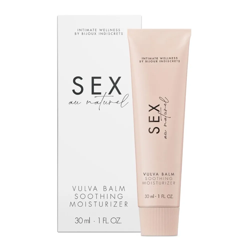 Tube beige de baume vulvaire Sex Naturel, 30 ml, étiquette minimale noire indiquant « Vulva Balm Soothing Moisturizer »