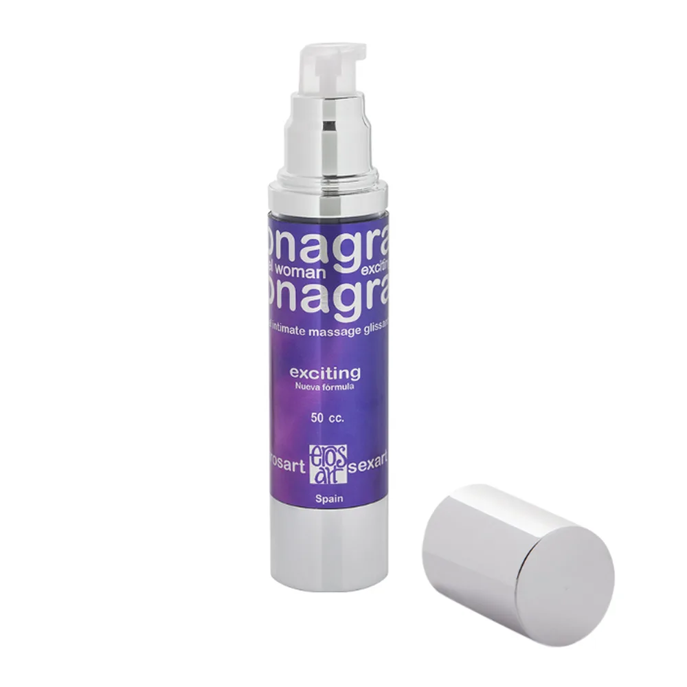 Flacon-pompe blanc et mauve de 50 cc avec capuchon spray, étiquette mauve mentionnant « magra woman exciting », accompagné de son bouchon gris détaché