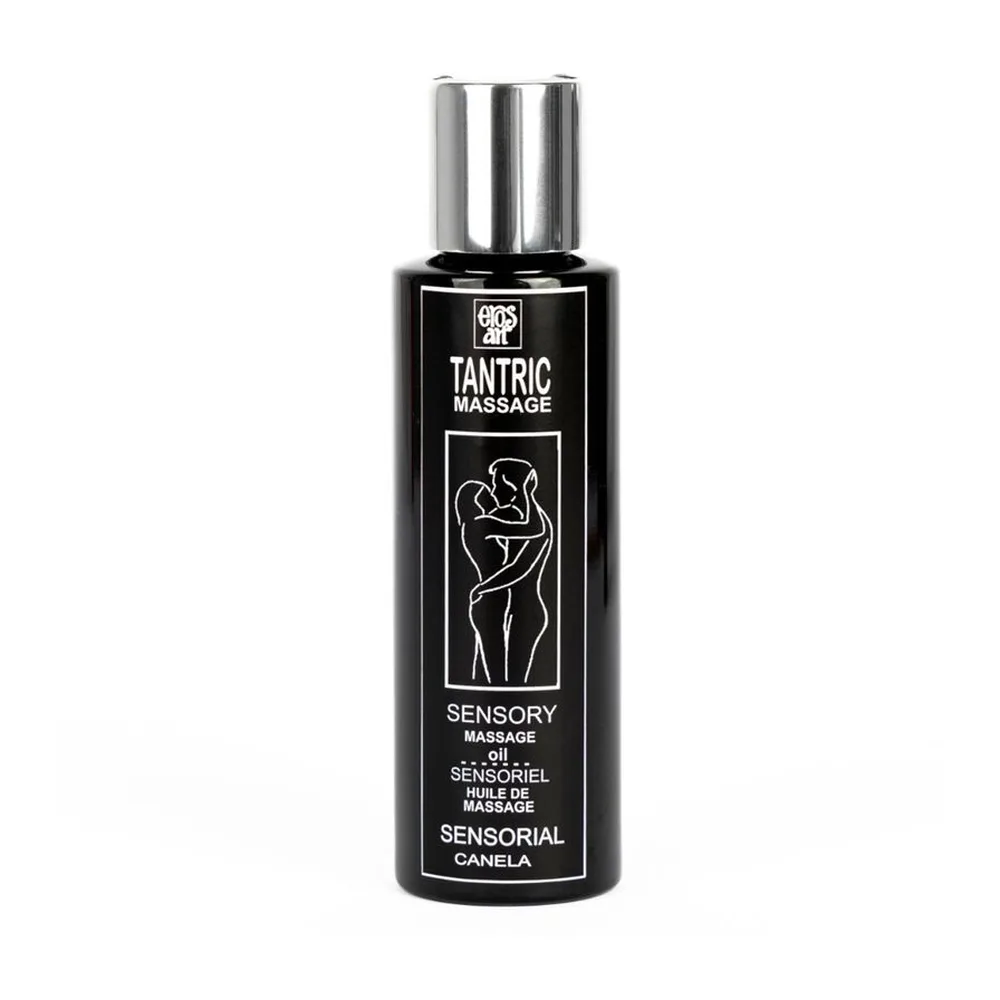 Flacon noir de 250 ml d'huile de massage tantrique à la cannelle, avec capuchon métallique argenté et étiquette blanche détaillant le produit