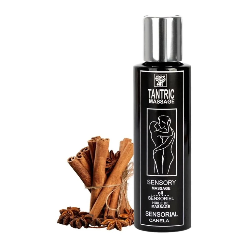 Flacon noir de 250 ml d'huile de massage tantrique à la cannelle, avec capuchon métallique argenté et étiquette blanche détaillant le produit