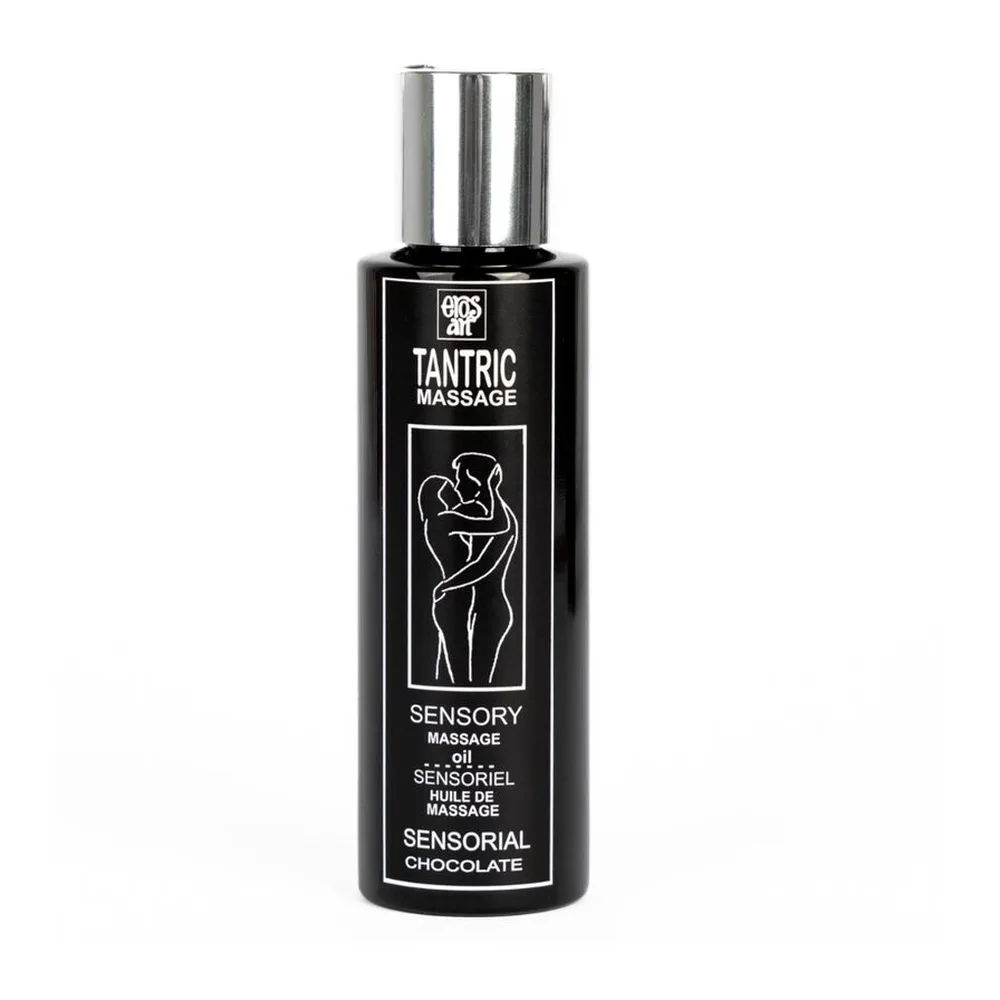 Flacon noir de huile de massage tantrique au chocolat, avec bouchon argenté et étiquette blanche, entouré de traits de chocolat brun et de gouttes