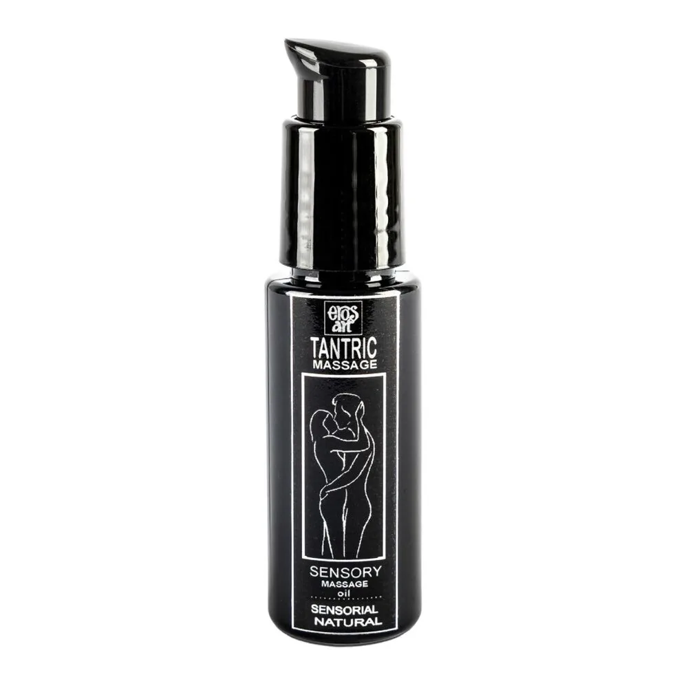 Flacon noir de massage à pompe, étiquette blanche avec illustration de couple enlacé et texte Tantric Massage, fond blanc