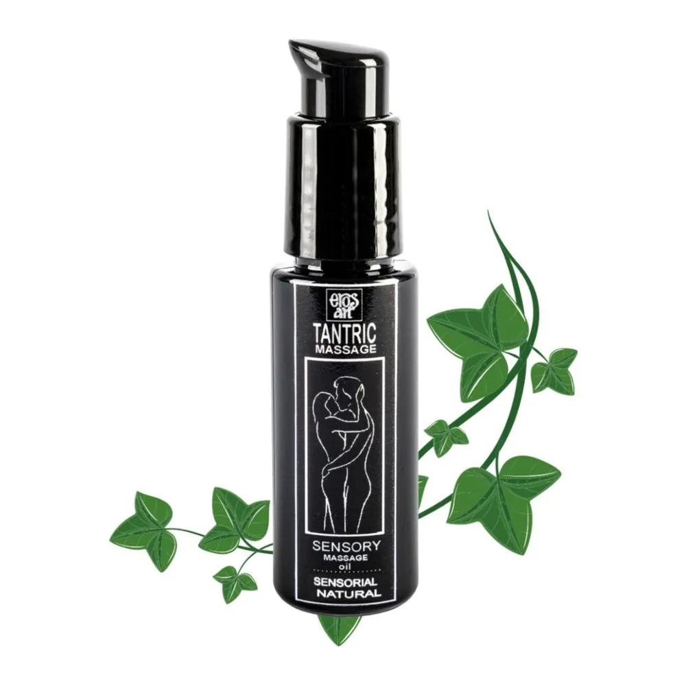 Flacon noir de massage à pompe, étiquette blanche avec illustration de couple enlacé et texte Tantric Massage, fond blanc