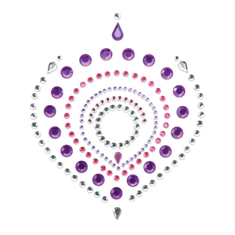 Emballage noir avec bijoux corporels adhésifs en strass : trois pièces ornementales en forme de cœur et de feuille, parées de strass violets et blancs