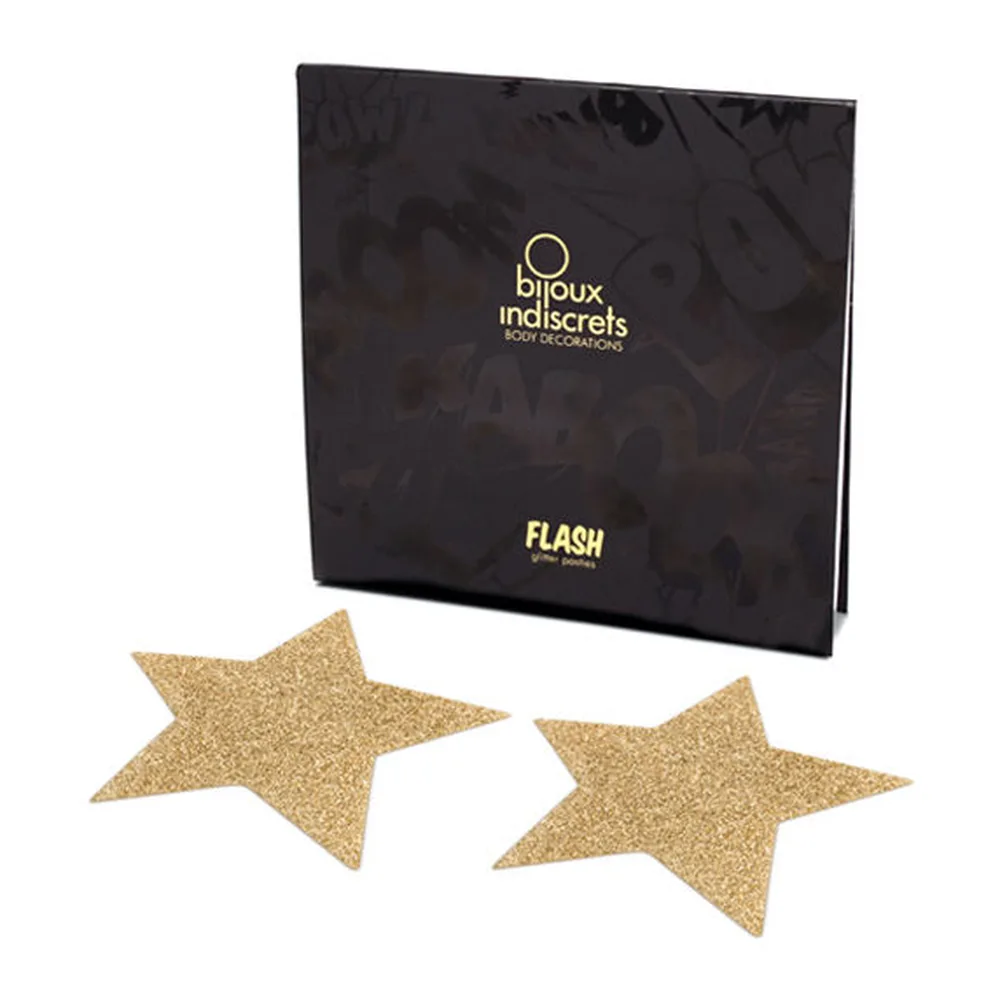 Boîte noire de la marque Bijoux Indiscrets avec deux capuchons tétons en forme d'étoile à paillettes noires, présentés en avant du packaging