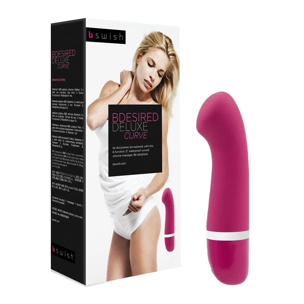 Boîte noire et blanche du vibromasseur Bdesired Deluxe Curve de Swish, avec photo du produit fuchsia en silicone à embout recourbé et anneau blanc de retrait, accompagné d'un petit vibromasseur assorti
