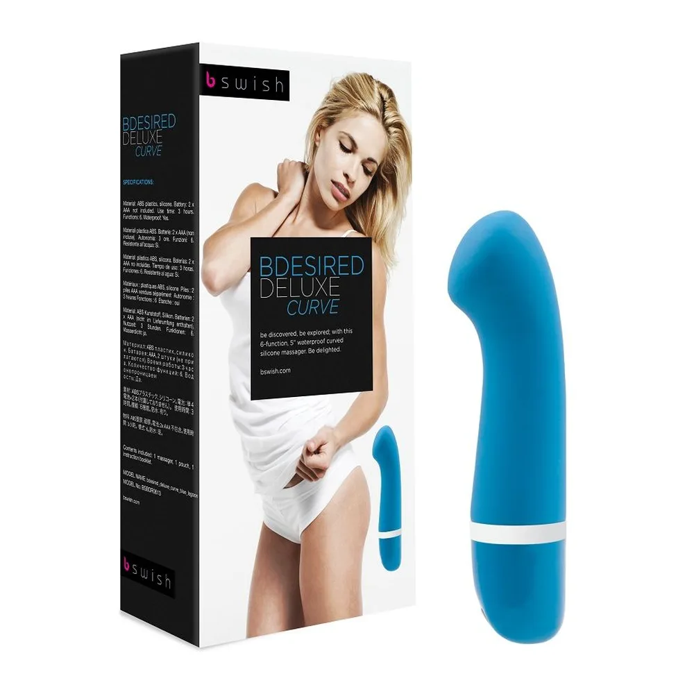 Emballage et vibromasseur point G bleu turquoise Bdesired Deluxe Curve avec bande blanche, forme incurvée, et petit vibromasseur bleu à côté
