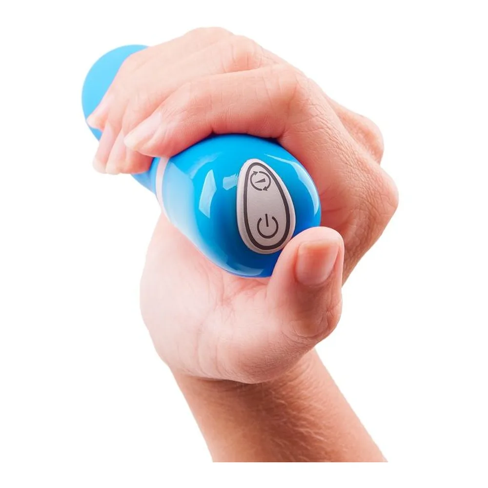 Emballage et vibromasseur point G bleu turquoise Bdesired Deluxe Curve avec bande blanche, forme incurvée, et petit vibromasseur bleu à côté