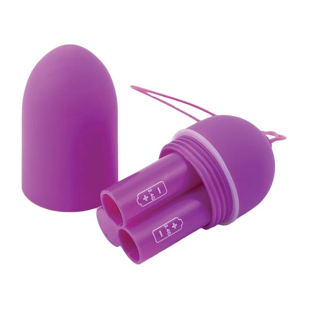 Vibromasseur bullet violet avec télécommande filaire assortie, capuchon de protection visible, fond blanc