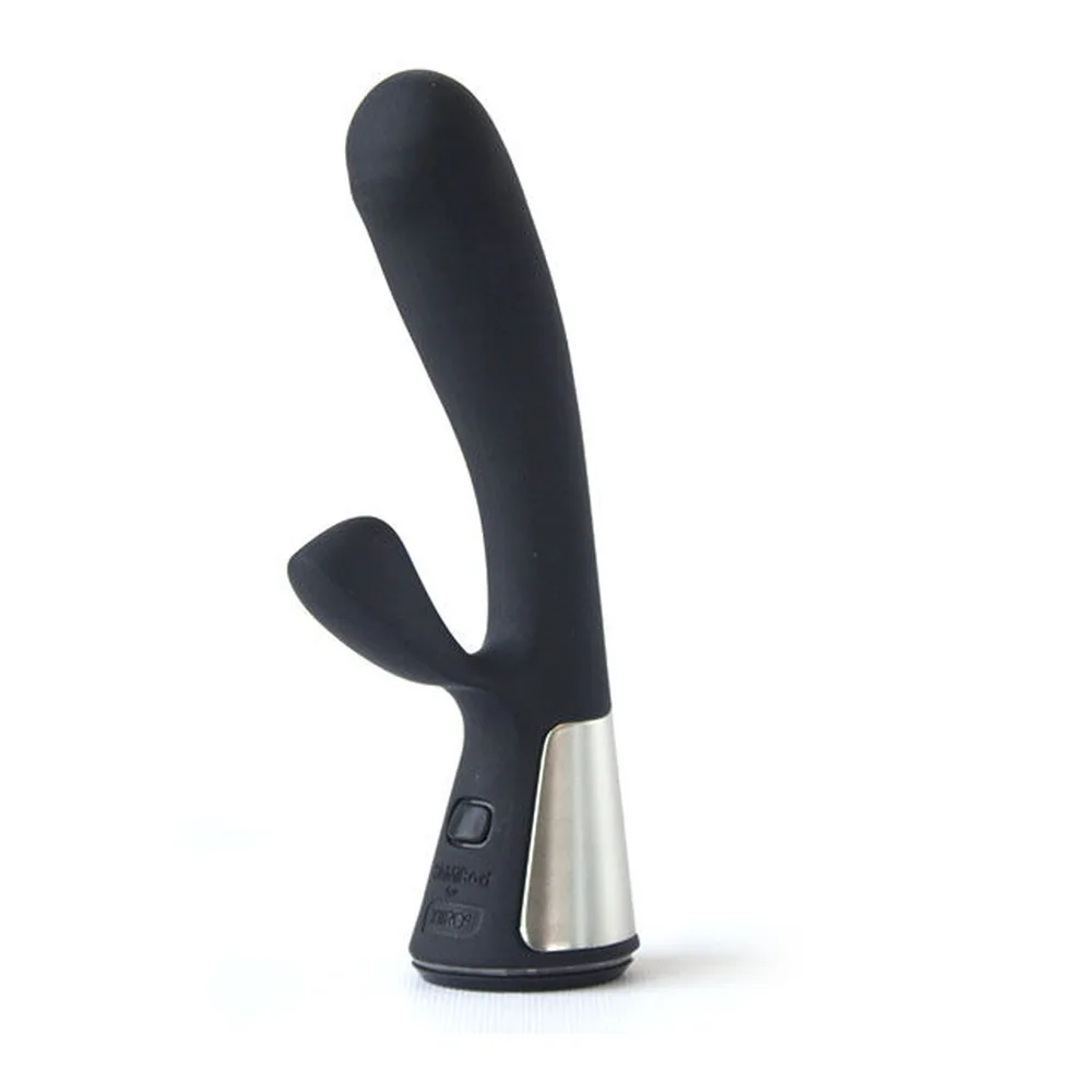 Vibromasseur rabbit noir en silicone, branches incurvées avec stimulateur latéral, base métallique argentée avec bouton de commande, fond blanc