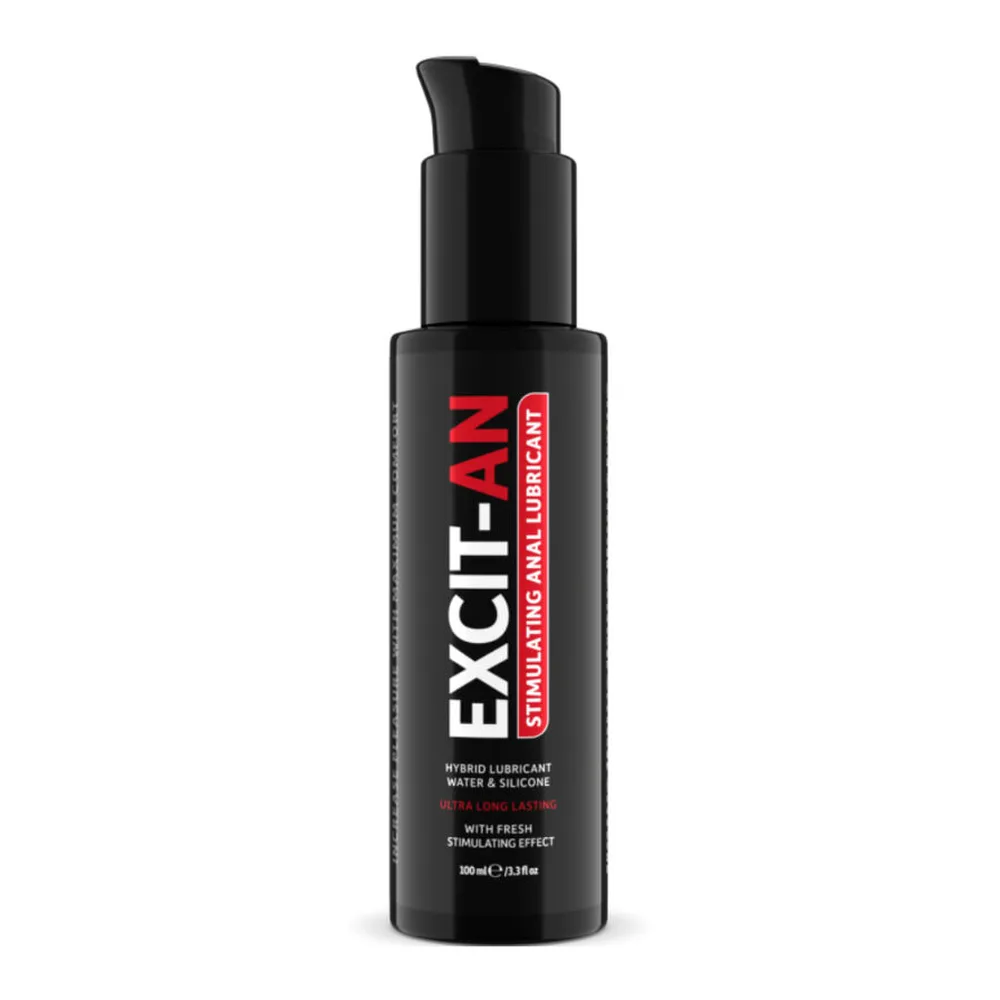 Flacon noir de lubrifiant hybride EXCIT-AN à pompe, étiquette rouge et blanche indiquant « stimulating a lubricant », 100 ml