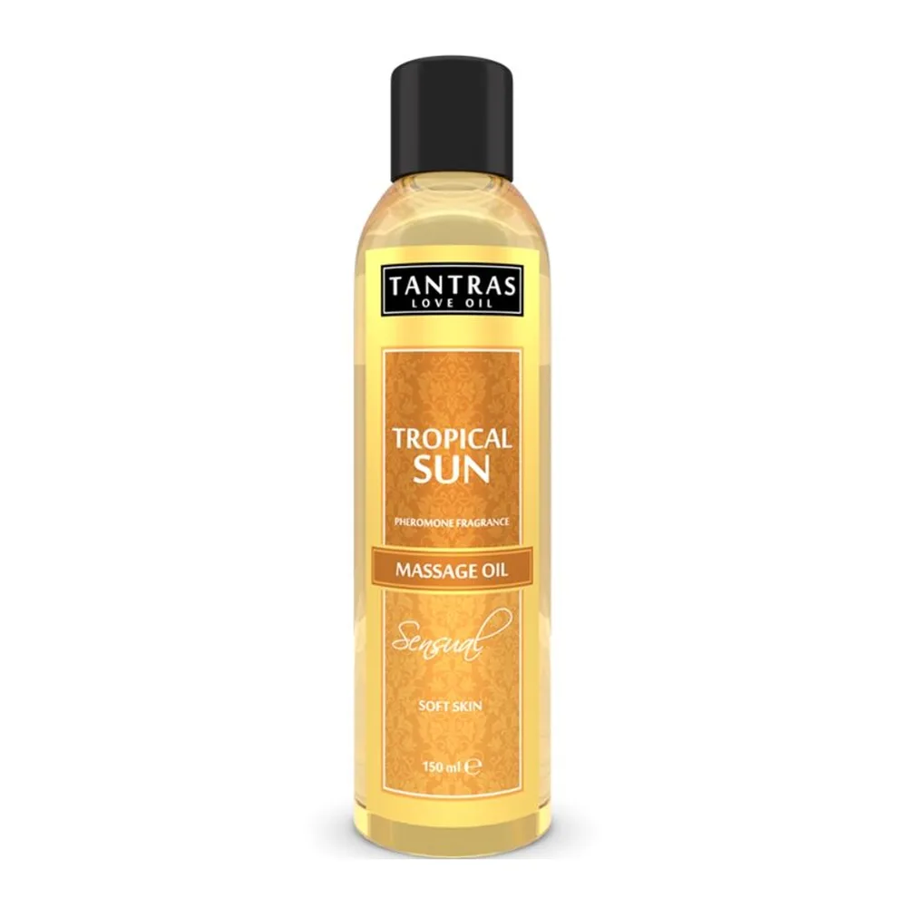 Flacon d'huile de massage jaune doré Tantras Tropical Sun 150 ml avec bouchon noir, étiquette orange et blanche, fond blanc