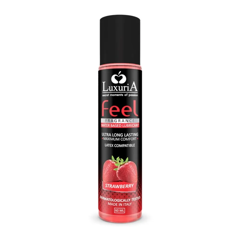 Flacon de lubrifiant Luxuria Feel 60 ml à base d'eau, parfum fraise, avec étiquette noir et rose, capuchon noir, compatible latex