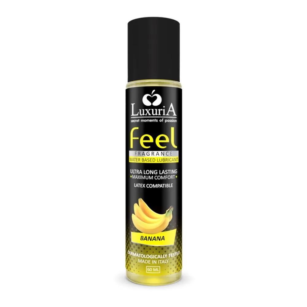 Flacon spray de lubrifiant Luxuria Feel noir et jaune, 50 ml, parfum banane, base eau indiquée sur l'étiquette
