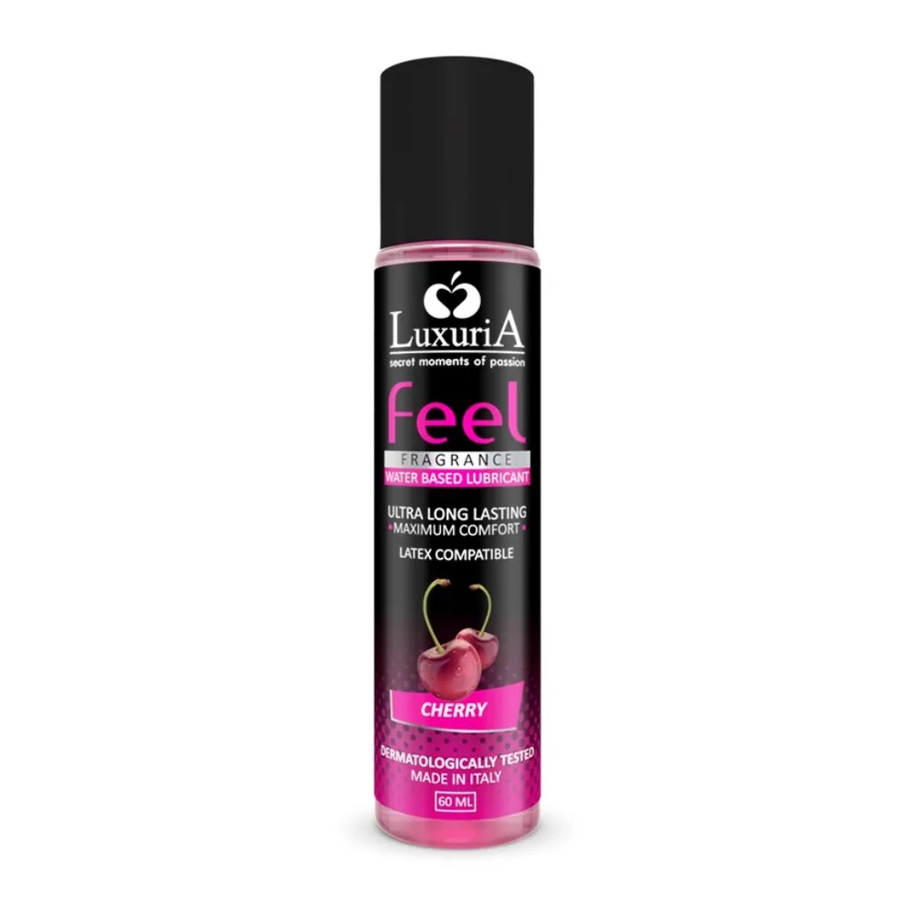 Flacon spray noir Luxuria Feel lubrifiant à base eau, étiquette rose avec logo cœur, mention cerise, 50 ml, sur fond blanc