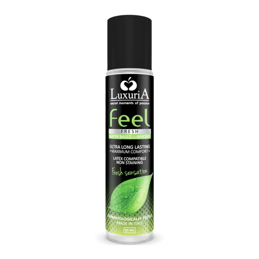Flacon pulvérisateur noir et blanc Luxuria Feel Fresh, lubrifiant à base d'eau 50 ml, avec étiquette verte décorée d'une feuille et mentions « effet rafraîchissant » et « latex compatible »