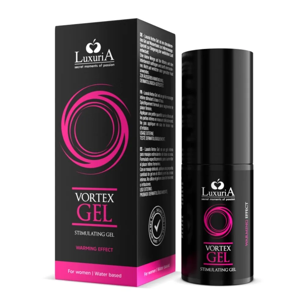 Emballage et flacon noir du gel stimulant Vortex par Luxuria, avec motif spirale rose fuchsia, étiquette indiquant effet chauffant et formule à base d'eau