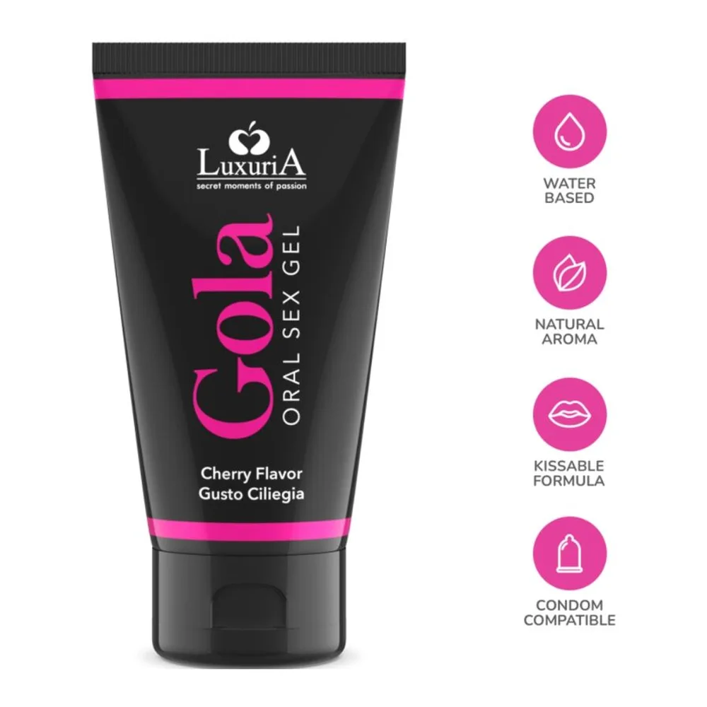 Tube noir avec bande rose vif contenant un gel lubrifiant oral saveur cerise, avec capuchon ouvert et une goutte de gel noir sur fond blanc
