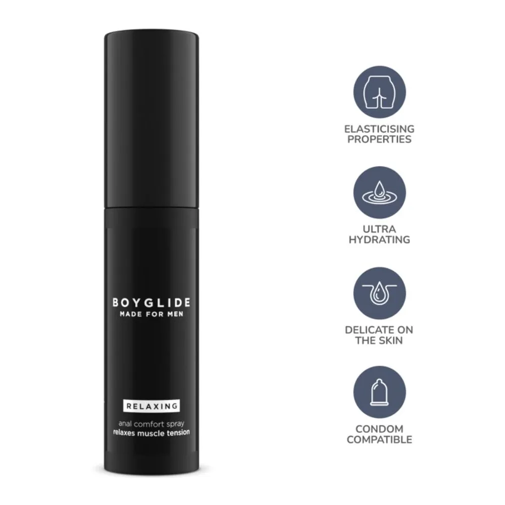 Flacon spray noir cylindrique avec pompe blanc et noir, étiquette blanc texte Boyglide Made For Men, fond blanc