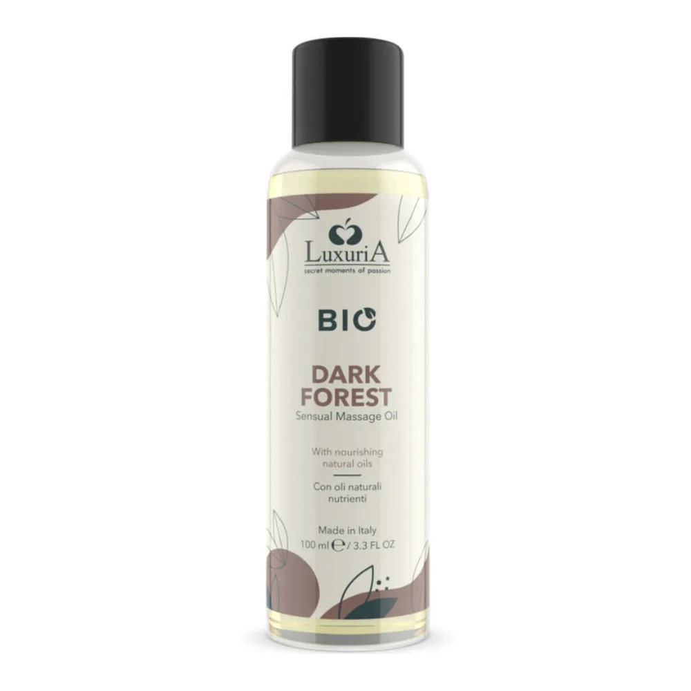 Flacon de 100 ml d'huile de massage bio Forêt Noire Luxuria, liquide clair ambré, étiquette beige et marron avec logo et informations produit, bouchon noir