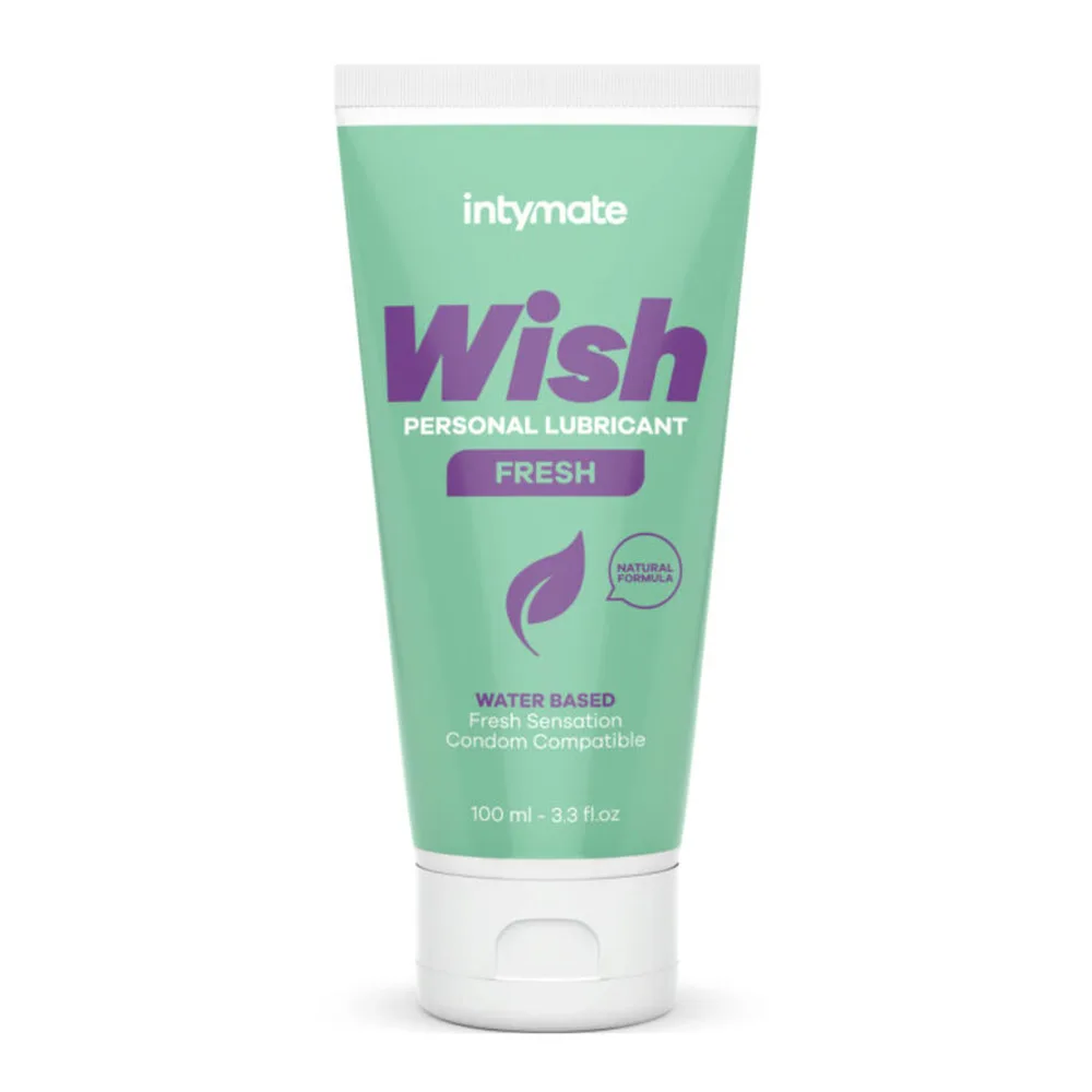 Tube vert menthe de lubrifiant personnel Wish Fresh 100 ml, marque Intymate, avec étiquette violette indiquant formule naturelle et base eau