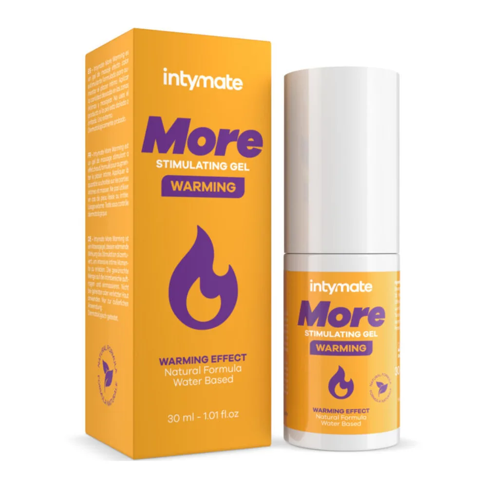 Emballage et flacon du gel stimulant Intymate More chauffant : boîte orange avec flamme violette et flacon blanc de 30 ml avec pompe doseuse