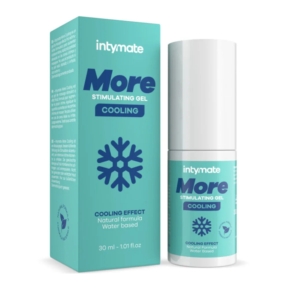Emballage et flacon de gel de massage stimulant refroidissant Intymate More, flacon blanc avec étiquette turquoise et flocon de neige, boîte turquoise 30 ml