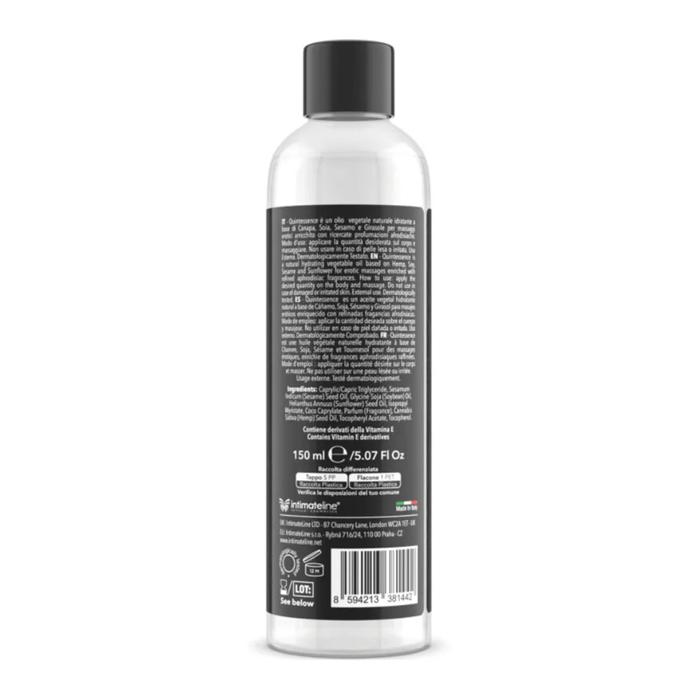 Flacon transparent de 150 ml d'huile de massage avec bouchon noir, étiquette grise au dos listant les ingrédients et mode d'emploi, sur fond blanc