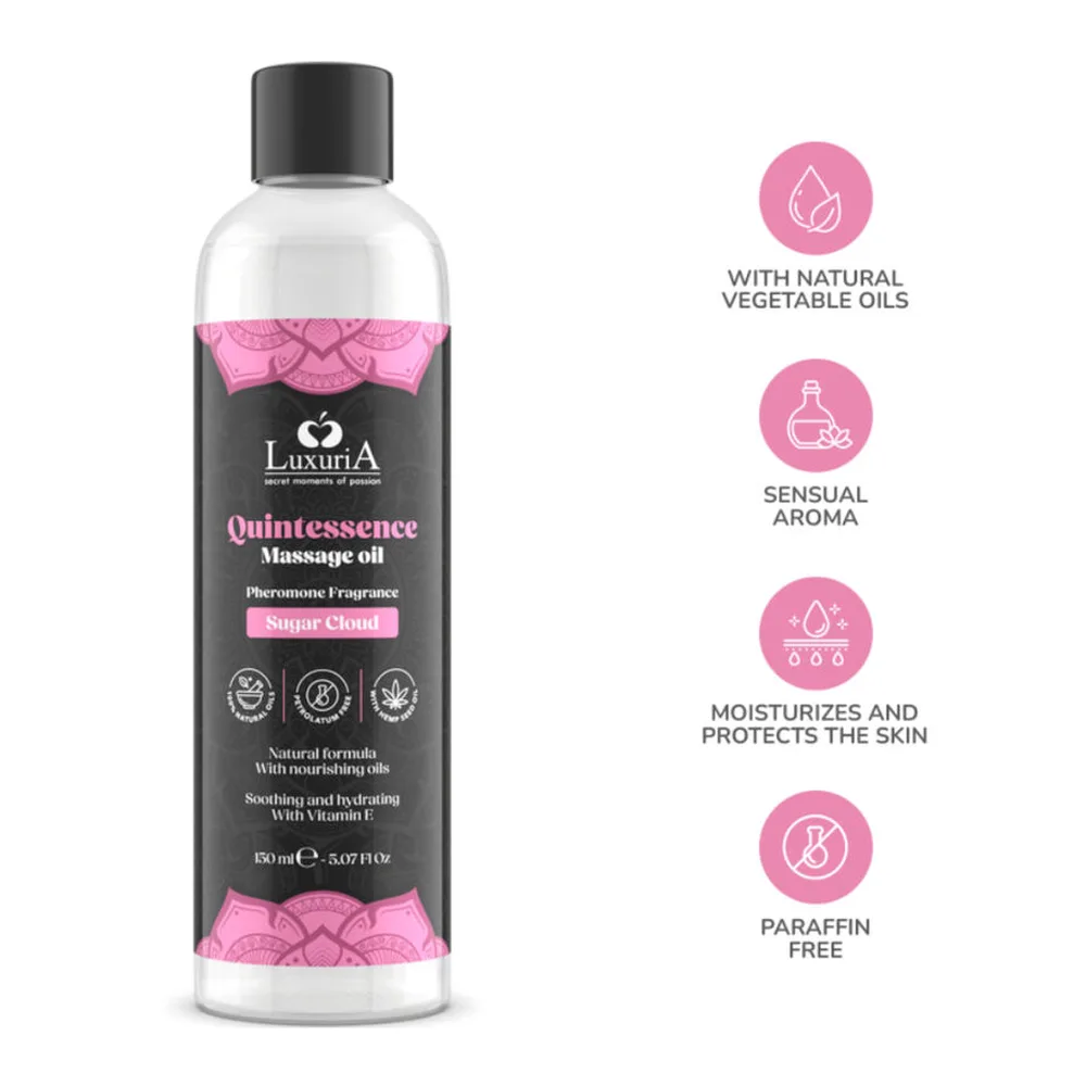 Flacon transparent de 150 ml d'huile de massage avec bouchon noir, étiquette grise au dos listant les ingrédients et mode d'emploi, sur fond blanc