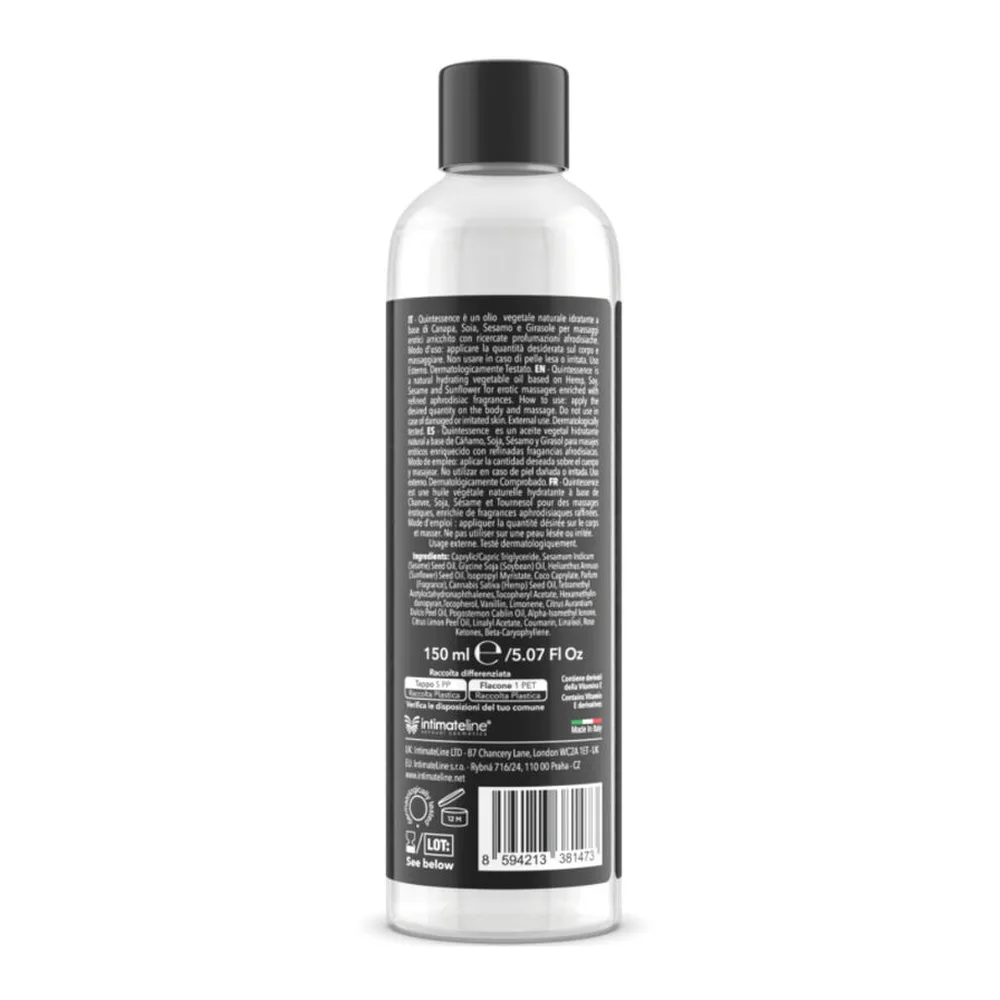 Flacon transparent de 150 ml d'huile de massage aux baies, bouchon noir, étiquette grise avec texte au verso et code-barres, fond blanc