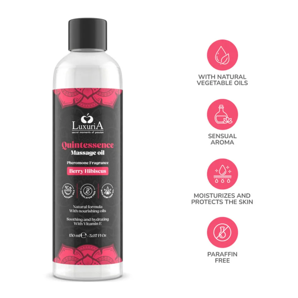 Flacon transparent de 150 ml d'huile de massage aux baies, bouchon noir, étiquette grise avec texte au verso et code-barres, fond blanc