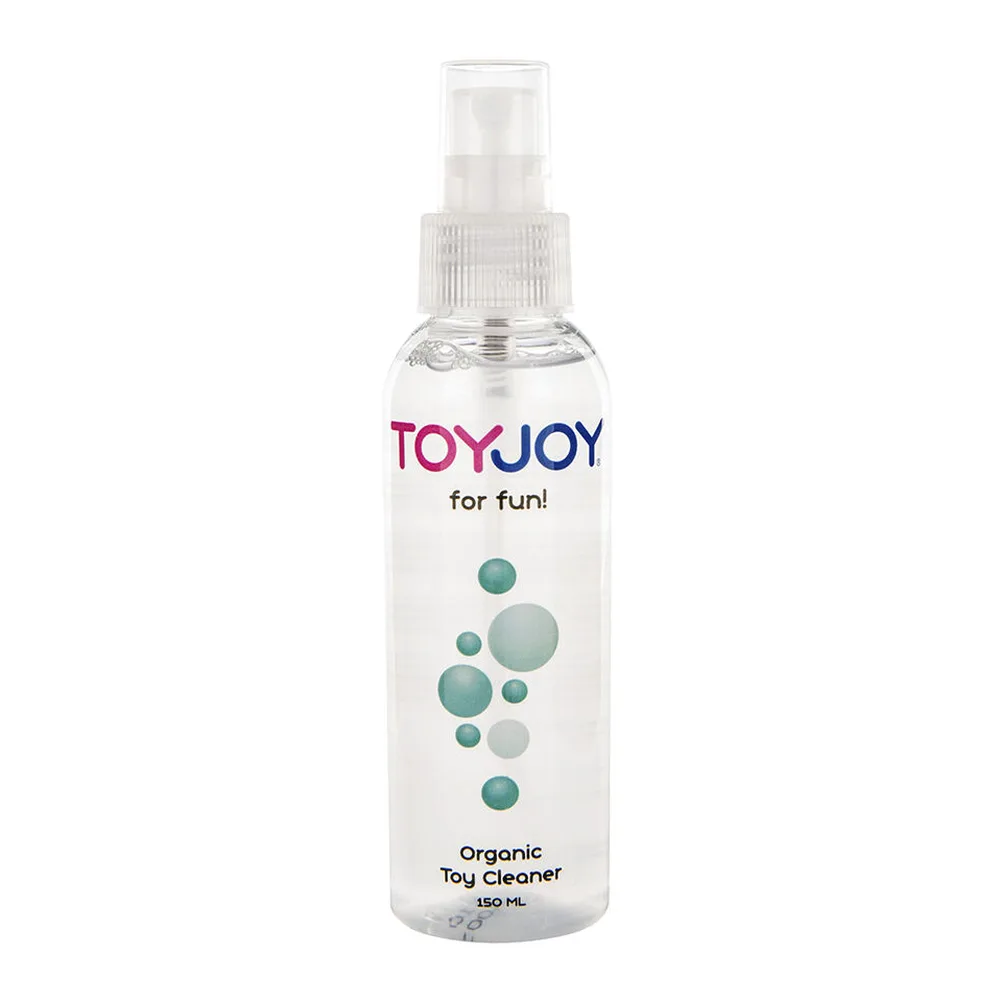 Flacon spray transparent de 150 ml de nettoyant jouets bio ToyJoy, étiquette blanche avec logo et bulles décoratives vertes, pompe vaporisateur translucide