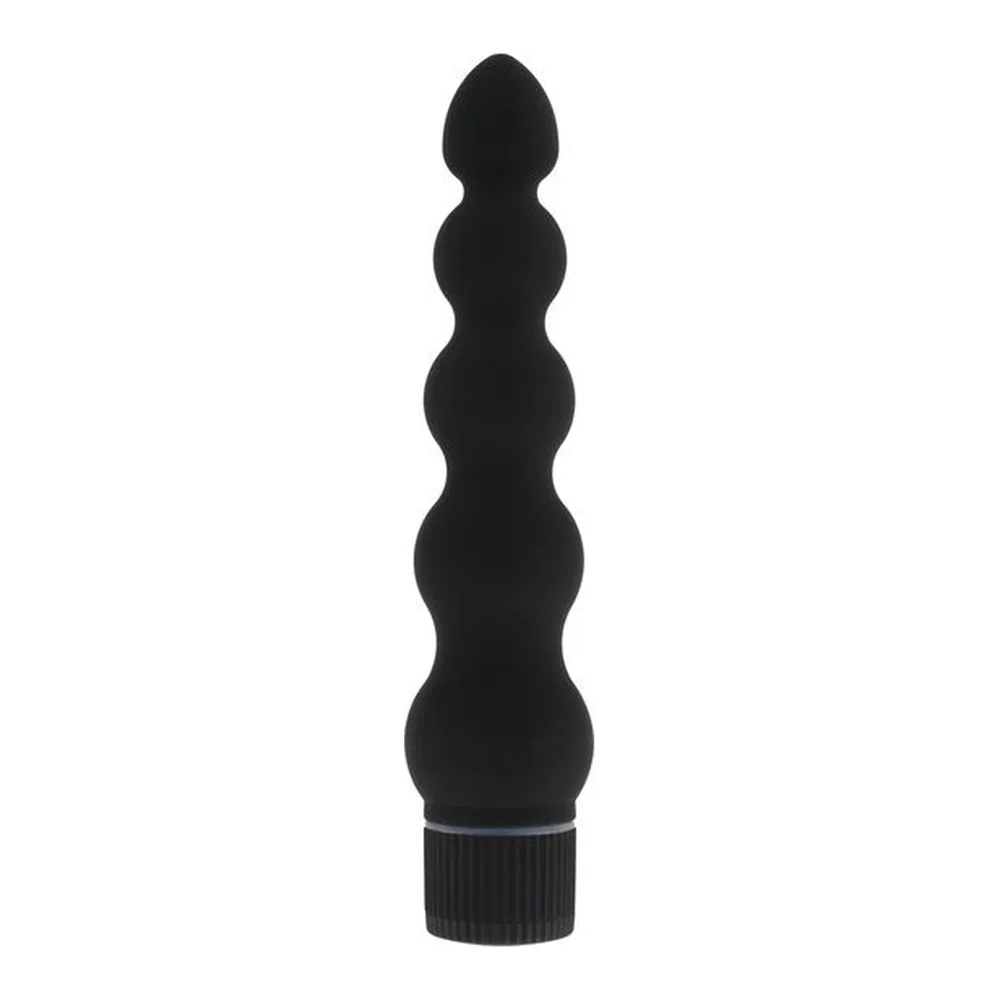 Vibrateur noir à perles progressives en silicone, embout arrondi, moteur à la base, sur fond blanc