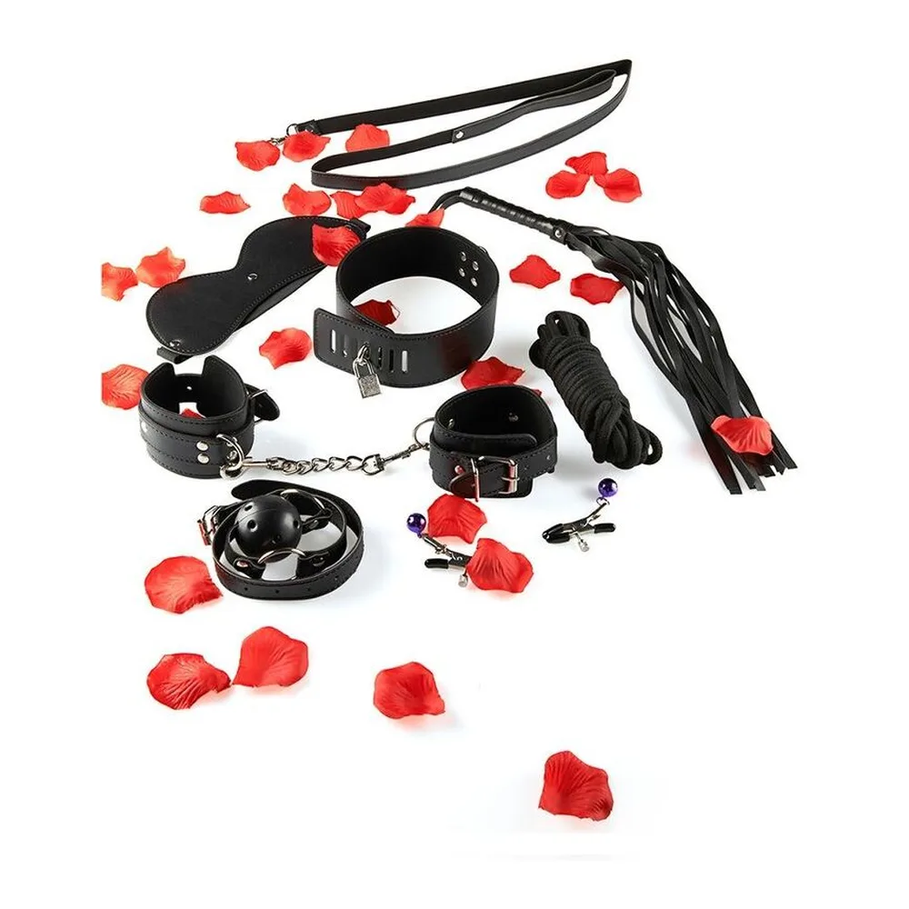 Kit BDSM noir composé de menottes, collier, fouet, masque, corde et pétales rouges, éléments disposés sur fond blanc
