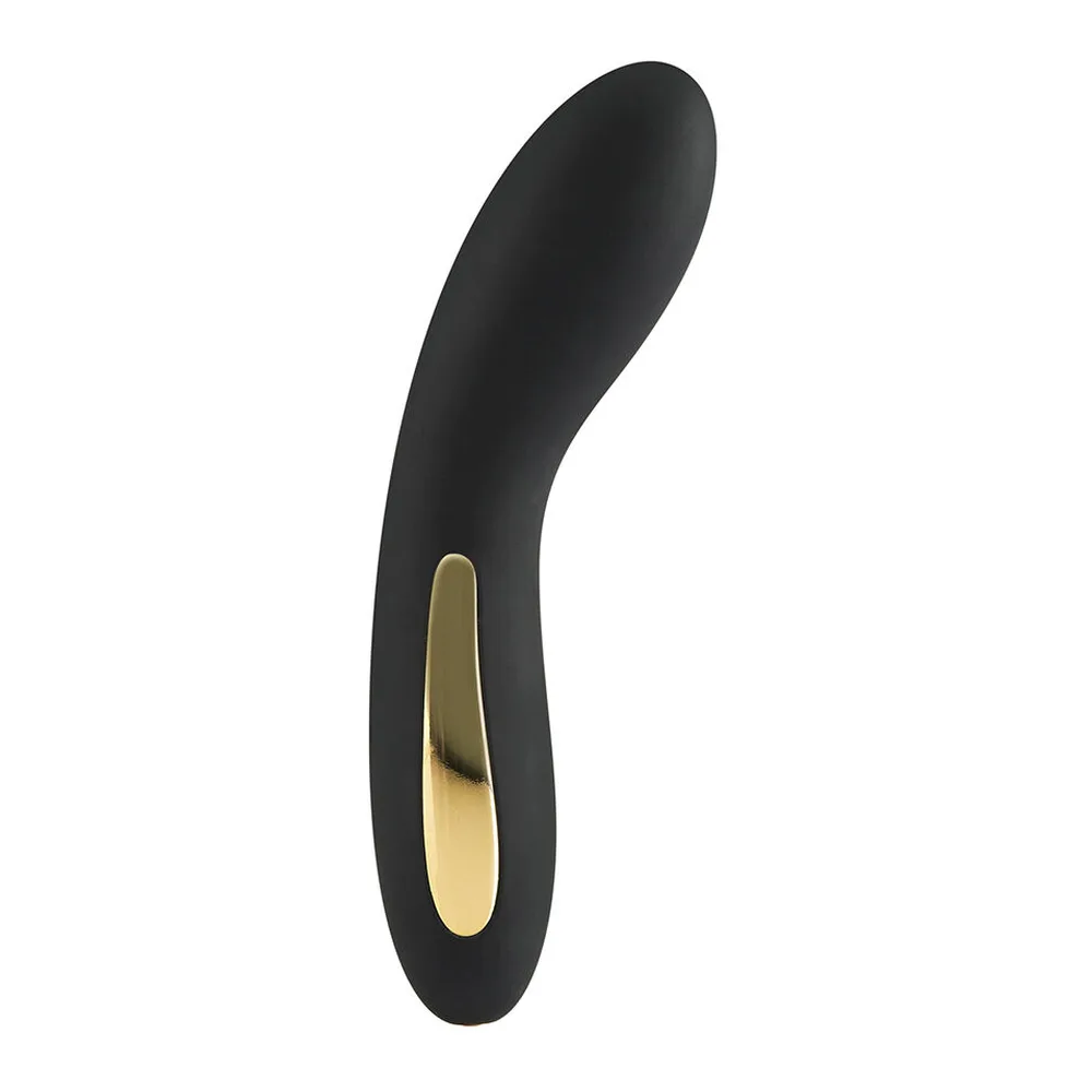 Vibromasseur courbe en silicone noir avec détail doré, fond blanc