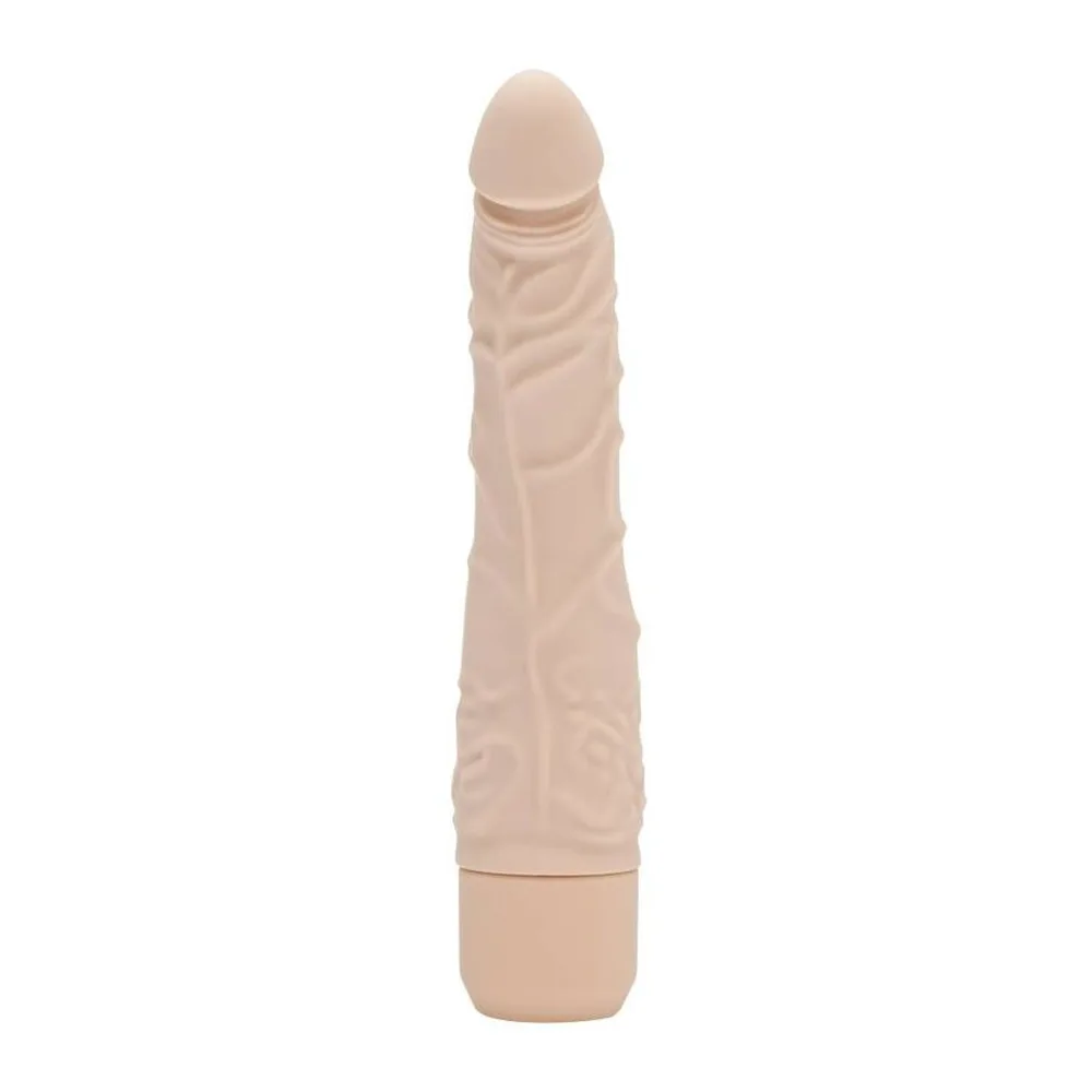 Vibromasseur slim en silicone beige clair, forme anatomique veinée, capuchon de commande à la base, fond blanc
