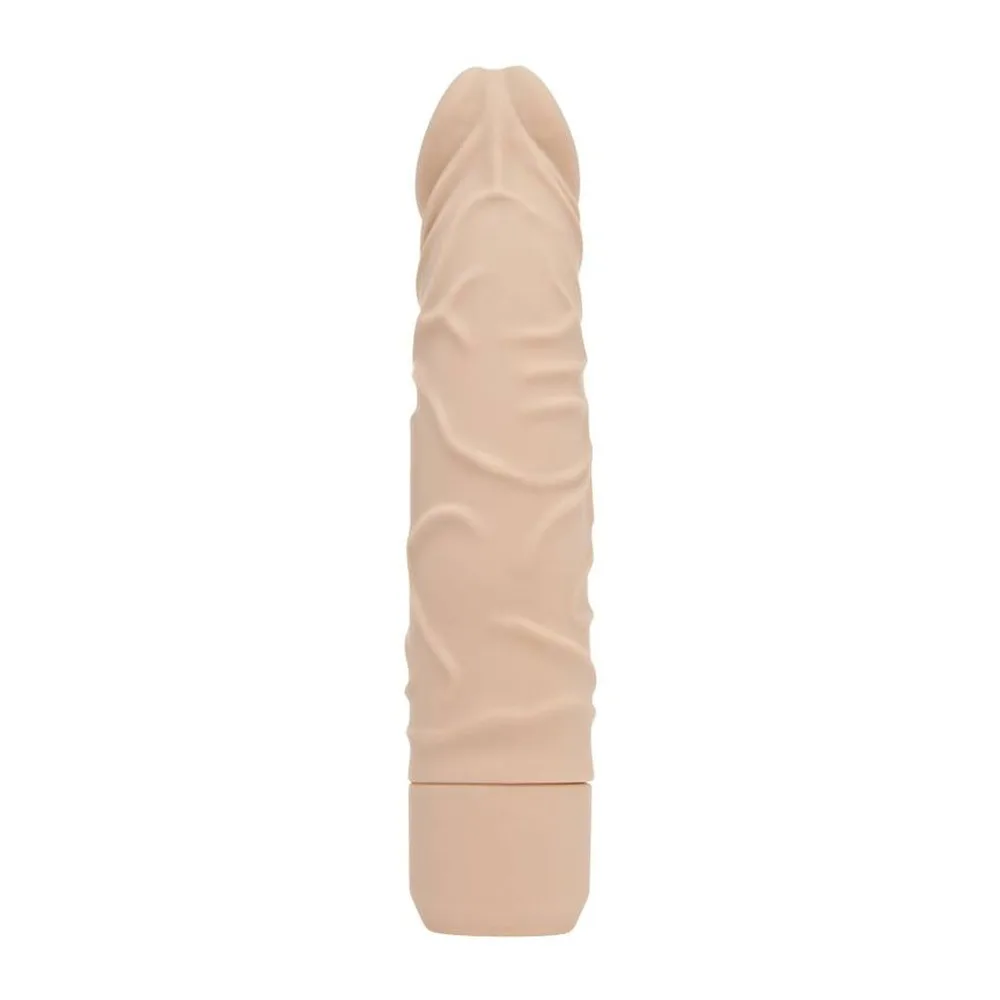 Vibromasseur noir en silicone avec forme réaliste, surface texturée de détails, pointe arrondie et base cylindrique, sur fond blanc