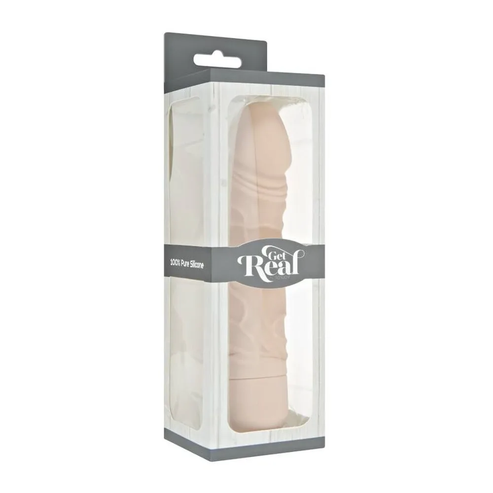 Vibromasseur noir en silicone avec forme réaliste, surface texturée de détails, pointe arrondie et base cylindrique, sur fond blanc
