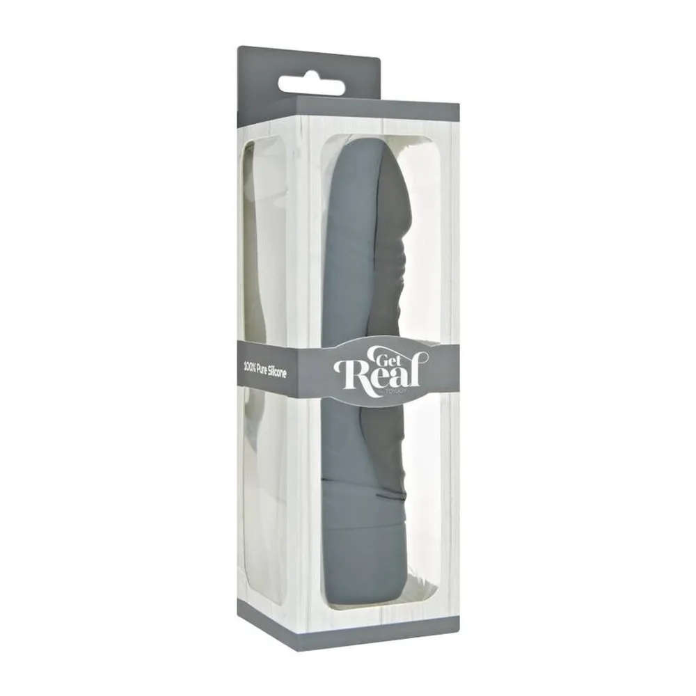 Vibromasseur noir en silicone avec forme réaliste, surface texturée de détails, pointe arrondie et base cylindrique, sur fond blanc