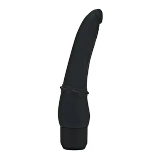 Vibromasseur noir lisse en silicone, forme élancée légèrement incurvée, avec zone de préhension texturée à la base et batterie intégrée, sur fond blanc
