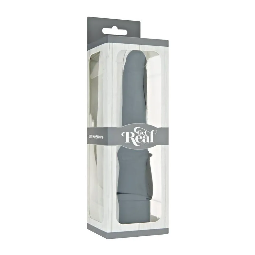 Vibromasseur noir lisse en silicone, forme élancée légèrement incurvée, avec zone de préhension texturée à la base et batterie intégrée, sur fond blanc