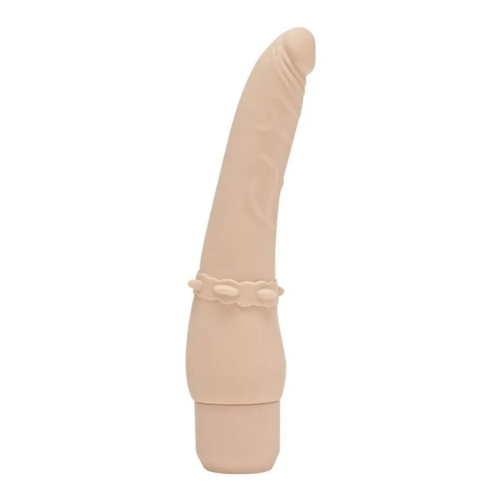Vibromasseur noir lisse en silicone, forme élancée légèrement incurvée, avec zone de préhension texturée à la base et batterie intégrée, sur fond blanc