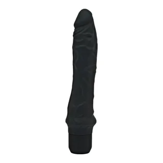 Grand vibromasseur noir en silicone avec surface texturée, forme phallique, base cylindrique, sur fond blanc
