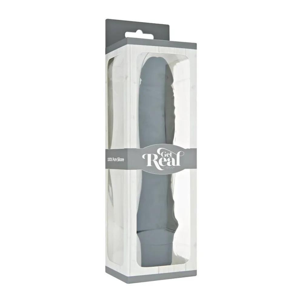 Grand vibromasseur noir en silicone avec surface texturée, forme phallique, base cylindrique, sur fond blanc