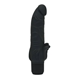 Vibromasseur noir en silicone avec forme réaliste veinée, tête arrondie et petit bras stimulant latéral, sur fond blanc