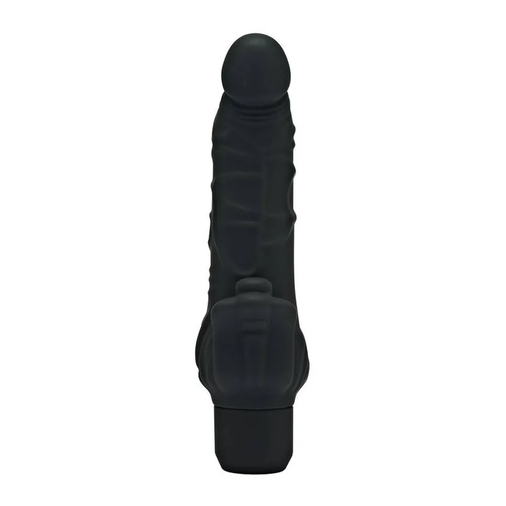 Vibromasseur noir en silicone avec forme réaliste veinée, tête arrondie et petit bras stimulant latéral, sur fond blanc