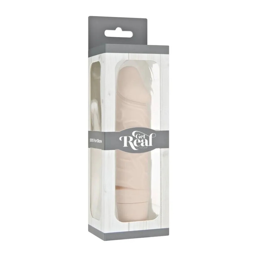 Boîte de vibromasseur réaliste en silicone gris, emballage blanc et gris avec fenêtre transparente et bandeau Get Real, poignée de suspension, sur fond blanc