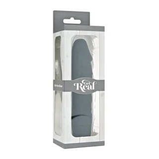 Boîte de vibromasseur réaliste en silicone gris, emballage blanc et gris avec fenêtre transparente et bandeau Get Real, poignée de suspension, sur fond blanc