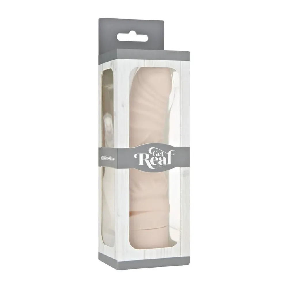 Vibromasseur point G en silicone beige clair, tige incurvée avec relief texturé et base cylindrique, sur fond blanc