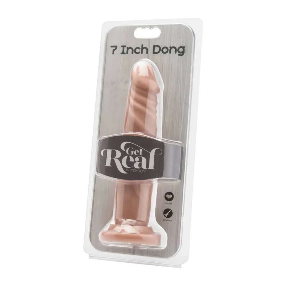 Gode réaliste en silicone beige clair avec texture spiralée sur la tige et base de maintien circulaire plate, sur fond blanc